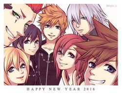 Rule 34 | 2016, 3girls, 4boys, axel (kingdom hearts), black coat (kingdom hearts), black hair, blonde hair, blue eyes, breasts, brown hair, closed mouth, gloves, green eyes, happy new year, kairi (kingdom hearts), kingdom hearts, kingdom hearts 358/2 days, kingdom hearts ii, long hair, looking at viewer, multiple boys, multiple girls, namine, new year, open mouth, red hair, riku (kingdom hearts), roxas, short hair, silver hair, simple background, smile, sora (kingdom hearts), spiked hair, v, white background, xion (kingdom hearts)