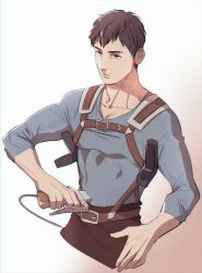 Rule 34 | 1boy, aquiline nose, belt, bertolt hoover, blue shirt, brown belt, brown hair, brown pants, closed mouth, collarbone, cropped legs, fingernails, grey eyes, halorane, highres, korean commentary, looking at viewer, male focus, pants, shingeki no kyojin, shirt, short hair, sleeves past elbows, solo, three-dimensional maneuver gear, toned, toned male, white background