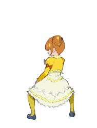 Rule 34 | 1girl, animated, animated gif, archived source, black footwear, blunt bangs, cropped shirt, dokidoki! precure, double bun, dress, enouchi ai, from side, full body, hair bun, jewelry, juliet sleeves, kicking, long sleeves, looking ahead, necklace, orange hair, pantyhose, precure, puffy sleeves, shirt, shoes, short hair, sidelocks, simple background, solo, standing, white background, white dress, yellow pantyhose, yellow shirt, yotsuba alice