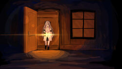 Rule 34 | 1girl, arm at side, asymmetrical footwear, asymmetrical sleeves, black shorts, boots, cabin, cevio, coat, commentary request, expressionless, from outside, grey hair, hair over one eye, hand up, high collar, highres, histoire-ange, holding, holding lantern, kamitsubaki studio, kneehighs, lantern, lens flare, long hair, looking at viewer, night, one eye covered, open door, purple socks, sekai (cevio), shorts, socks, solo, standing, uneven footwear, uneven sleeves, walking, white coat, wide shot, window