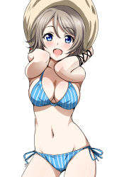 Rule 34 | 10s, 1girl, :d, bikini, blue bikini, blue eyes, blush, breasts, cleavage, contrapposto, cowboy shot, gluteal fold, hat, highres, large breasts, light brown hair, looking at viewer, love live!, love live! sunshine!!, navel, open mouth, sankuro (agoitei), shiny skin, side-tie bikini bottom, simple background, smile, solo, standing, striped bikini, striped clothes, sun hat, swimsuit, vertical-striped bikini, vertical-striped clothes, watanabe you, white background