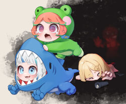 Rule 34 | 1other, 3girls, @ @, absurdres, all fours, animal costume, appleblossomtea, blonde hair, blue eyes, blue hair, blunt bangs, chibi, commentary, crying, crying with eyes open, english commentary, frog costume, frogiwawa, gawr gura, ghost, grey hair, highres, hololive, hololive english, multicolored hair, multiple girls, onesie, open mouth, orange hair, scared, shark costume, sharp teeth, smile, streaked hair, takanashi kiara, tears, teeth, virtual youtuber, watson amelia
