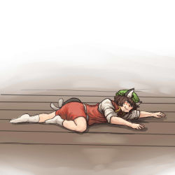 Rule 34 | 1girl, :3, animal ears, blush, brown hair, cat ears, cat tail, chanta (ayatakaoisii), chen, green hat, hat, long sleeves, lying, multiple tails, no shoes, on stomach, red skirt, red vest, shirt, short hair, skirt, skirt set, sleeves rolled up, socks, solo, tail, touhou, two tails, vest, white shirt, white socks, wooden floor