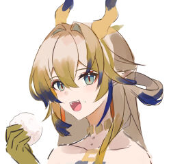 Rule 34 | 1girl, :d, arknights, bare shoulders, blonde hair, brown hair, colored skin, dragon girl, dragon horns, earrings, eating, food, food on face, green eyes, hair between eyes, hair intakes, hand up, holding, holding food, horns, jewelry, looking at viewer, multico, multicolored hair, necklace, open mouth, pointy ears, portrait, purple hair, rice, rice on face, shu (arknights), simple background, sketch, smile, solo, unfinished, white background, yellow horns