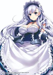 Rule 34 | 1girl, absurdres, apron, apron lift, azur lane, belfast (azur lane), blue eyes, braid, breasts, cleavage, clothes lift, french braid, highres, large breasts, long hair, looking at viewer, maid, maid apron, maid headdress, official art, parted lips, raiou, silver hair, simple background, smile, solo, source request, white background