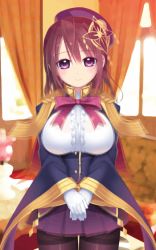 Rule 34 | 1girl, animated, animated gif, black pantyhose, blinking, blush, bouncing breasts, bra, breasts, brown hair, gloves, hair ornament, kashiwamochi yomogi, large breasts, looking at viewer, open mouth, pantyhose, purple eyes, see-through, smile, solo, thighband pantyhose, underwear, uniform, v arms, white gloves
