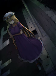 Rule 34 | 1girl, absurdres, backlighting, boots, bow, breast rest, breasts, bush, check commentary, chromatic aberration, commentary request, crack, dark, dress, female focus, frilled dress, frills, hair bow, hand up, hat, hat ribbon, highres, lamppost, large breasts, long hair, mob cap, night, oruka (kamituki0827), perspective, purple dress, purple eyes, ribbon, road, solo, street, touhou, very long hair, wall, yakumo yukari