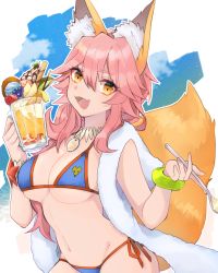 Rule 34 | 1girl, akym, animal ear fluff, animal ears, bad id, bad pixiv id, bikini, blue bikini, breasts, cleavage, commentary, commentary request, fang, fate/grand order, fate (series), food, fox ears, fox girl, fox tail, groin, large breasts, looking at viewer, navel, night, night sky, open mouth, outdoors, pink hair, side-tie bikini bottom, skin fang, sky, smile, solo, swimsuit, tail, tamamo (fate), tamamo no mae (fate/extra), tamamo no mae (swimsuit lancer) (fate), tamamo no mae (third ascension) (fate), yellow eyes