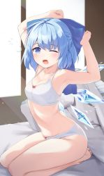 Rule 34 | 1girl, ;o, absurdres, armpits, arms up, backlighting, bare shoulders, barefoot, blanket, blue bow, blue eyes, blue hair, blush, bow, bra, breasts, bubble, chromatic aberration, cirno, cleavage, collarbone, full body, hair bow, heart, heart in eye, highres, ice, ice wings, imoutochiru, indoors, lace, lace-trimmed panties, lace trim, lens flare, light rays, looking at viewer, navel, on bed, one eye closed, open mouth, panties, red bow, seiza, short hair, sitting, small breasts, solo, squeans, stretching, symbol in eye, tears, thighs, toes, touhou, underwear, white bra, white panties, window, wings, yawning