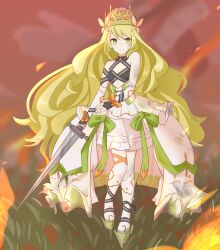 Rule 34 | 1girl, absurdres, bare shoulders, blonde hair, bow, breasts, butterfly hair ornament, celine (fire emblem), cleavage, closed mouth, crown, dress, dress bow, fire, fire emblem, fire emblem engage, flower, full body, green bow, green eyes, hair flower, hair ornament, highres, holding, holding sword, holding weapon, ikonaska, long hair, looking at viewer, nintendo, orange bow, small breasts, solo, sword, very long hair, weapon, wrist bow