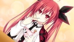 Rule 34 | 10s, 1girl, :3, black necktie, bowl, cat, chopsticks, date a live, dutch angle, eating, highres, itsuka kotori, jacket, jacket on shoulders, long hair, necktie, official art, panda, red eyes, red hair, rice, rice bowl, school uniform, solo, tsunako, twintails