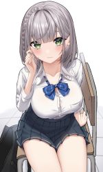 Rule 34 | 1girl, absurdres, arm support, bag, black skirt, blunt bangs, blush, braid, breasts, chair, cleavage, closed mouth, collarbone, collared shirt, commentary request, green eyes, grey hair, highres, hololive, honeyhoppin, large breasts, looking at viewer, pleated skirt, school bag, school chair, school uniform, shirogane noel, shirogane noel (school uniform), shirt, simple background, sitting, skirt, solo, thighs, uniform, virtual youtuber, white background, white shirt