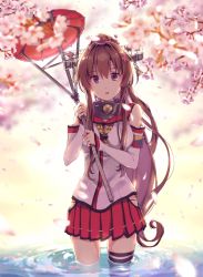 Rule 34 | 10s, 1girl, :o, aiko (aiko 54), bad id, bad pixiv id, black thighhighs, blurry, breasts, brown eyes, brown hair, cherry blossoms, depth of field, detached sleeves, holding, holding umbrella, kantai collection, long hair, looking at viewer, medium breasts, oil-paper umbrella, open mouth, pleated skirt, ponytail, red skirt, sailor collar, single thighhigh, skirt, solo, standing, thighhighs, umbrella, wading, yamato (kancolle)