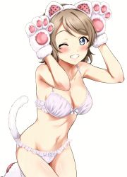 Rule 34 | 1girl, absurdres, animal ears, animal hands, arms up, blue eyes, blush, bra, breasts, brown hair, cat ears, cat tail, cleavage, cowboy shot, facial mark, fake animal ears, fake tail, gloves, grin, hairband, highres, lavender bra, lavender panties, leaning forward, leg up, looking at viewer, love live!, love live! sunshine!!, medium breasts, navel, one eye closed, panties, paw gloves, paw print, sankuro (agoitei), scan, short hair, simple background, smile, solo, swept bangs, tail, tattoo, thighs, underwear, underwear only, watanabe you, white background