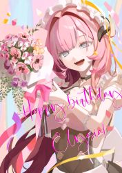 Rule 34 | 1girl, :d, absurdres, alternate costume, blue eyes, bouquet, character name, dress, elf, elysia (honkai impact), elysia (miss pink elf) (honkai impact), enmaided, flower, frilled dress, frills, gloves, happy birthday, highres, holding, holding bouquet, honkai (series), honkai impact 3rd, long hair, looking at viewer, maid, maid headdress, open mouth, pink flower, pink hair, pointy ears, ponytail, roena, short sleeves, smile, solo, upper body, white dress, white gloves