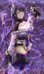 Rule 34 | 1girl, absurdres, archstreal, bare shoulders, breasts, cleavage, detached collar, genshin impact, hair ornament, highres, japanese clothes, kimono, large breasts, long hair, long sleeves, looking at viewer, nail polish, obi, off shoulder, purple eyes, purple hair, purple kimono, purple thighhighs, raiden shogun, sash, thighhighs, thighs, wide sleeves