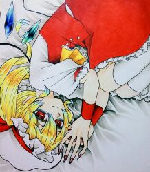 Rule 34 | 1girl, bags under eyes, bed sheet, blonde hair, blue gemstone, buttons, collared shirt, fetal position, fingernails, flandre scarlet, frilled hat, frilled neckerchief, frilled shirt, frilled skirt, frilled sleeves, frills, gem, green gemstone, hat, hat ribbon, jewelry, long hair, long skirt, looking at viewer, lying, nail polish, neckerchief, on bed, on side, ponytail, puffy short sleeves, puffy sleeves, red eyes, red nails, red ribbon, red skirt, red vest, red wristband, ribbon, sharp fingernails, shirt, short sleeves, side ponytail, skirt, slit pupils, smile, socks, touhou, traditional media, vampire, vest, white headwear, white shirt, white socks, whoru, wings, wristband, yellow neckerchief