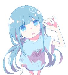 Rule 34 | 1girl, blue eyes, blue hair, blue shirt, foreshortening, from above, hair ornament, highres, long hair, matabeku, no symbol, original, parted lips, pastel colors, perspective, scribble, shirt, sidelocks, solo, squiggle, thigh gap, white background, x hair ornament