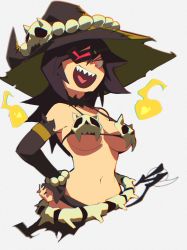 Rule 34 | 1girl, :d, absurdres, aetherion, bikini, black nails, bone, breasts, chromatic aberration, cropped torso, detached sleeves, eyepatch, fire, hand on own hip, hat, hat ornament, heart, heart in mouth, highres, magic, medium breasts, nail polish, navel, open mouth, original, red eyes, sharp teeth, skull bikini, skull hat ornament, smile, solo, strap gap, swimsuit, teeth, underboob, witch hat