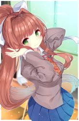 Rule 34 | 1girl, arare mochiko, blue skirt, blurry, blurry background, blush, bow, brown hair, chair, classroom, closed mouth, cowboy shot, day, doki doki literature club, green eyes, grey jacket, hair bow, hair intakes, hands on own face, hands up, indoors, jacket, long hair, long sleeves, looking at viewer, monika (doki doki literature club), neck ribbon, pleated skirt, ponytail, red ribbon, ribbon, school, school chair, school uniform, sidelocks, skirt, smile, solo, standing, very long hair, vest, window