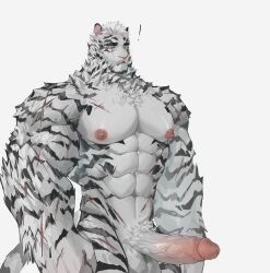 Rule 34 | 1boy, abs, absurdres, animal ears, arknights, bara, completely nude, cowboy shot, dryskeleton (drawing jimmy), erection, facial hair, furry, furry male, goatee, highres, large hands, large pectorals, male focus, mountain (arknights), muscular, muscular male, nipples, nude, pectorals, penis, scar, scar across eye, scar on arm, short hair, solo, stomach, thick arms, thick eyebrows, tiger boy, tiger ears, veins, veiny penis, white hair