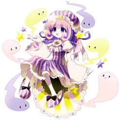 Rule 34 | 1girl, hat, highres, holding, holding wand, lace-trimmed sleeves, lace trim, long sleeves, momomotsu, nightcap, nightgown, original, pajamas, pink hair, purple eyes, slippers, solo, star (symbol), striped clothes, striped footwear, striped headwear, striped pajamas, vertical-striped clothes, vertical-striped footwear, vertical-striped headwear, wand, white background, wide sleeves