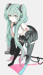 Rule 34 | 1girl, absurdres, aqua hair, black skirt, boots, detached sleeves, earrings, green eyes, hatsune miku, headset, highres, jewelry, kintsuba (garapagosukkk), leaning forward, long hair, microphone stand, necktie, pleated skirt, skirt, sleeveless, sleeves past wrists, solo, thigh boots, thighhighs, twintails, v-shaped eyebrows, very long hair, vocaloid