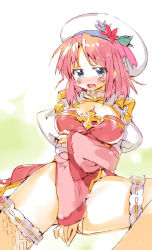 Rule 34 | 1girl, arch bishop (ragnarok online), arm under breasts, arutopian, blue eyes, blush, breasts, cleavage, cleavage cutout, clothing cutout, commentary request, cowboy shot, crossed arms, dress, fang, highres, juliet sleeves, long sleeves, looking at viewer, medium breasts, medium hair, nose blush, open mouth, parted bangs, pink hair, puffy sleeves, ragnarok online, red dress, solo, thighhighs, two-tone dress, white dress, white headwear, white thighhighs