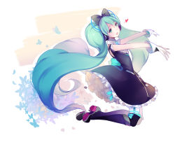 Rule 34 | 1girl, absurdres, aqua hair, black bow, black dress, boots, bow, bug, butterfly, collared dress, dress, frilled dress, frills, full body, gloves, hair bow, hatsune miku, headphones, heart, highres, insect, long hair, looking at viewer, magical mirai (vocaloid), magical mirai miku, magical mirai miku (2016), open mouth, pantyhose, short sleeves, signature, sleeveless, smile, solo, sylvia (huajiuhuajiu), thigh boots, thighhighs, twintails, very long hair, vocaloid, white background, white gloves