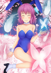 Rule 34 | 1girl, animal ears, bare shoulders, blue leotard, breasts, bug, rabbit ears, playboy bunny, butterfly, cherry blossoms, cleavage, detached collar, closed eyes, female focus, gao (earisnight), high heels, hitodama, bug, leotard, medium breasts, petals, pink hair, saigyouji yuyuko, shoes, short hair, sitting, smile, solo, strapless, touhou, tree, wariza, wrist cuffs