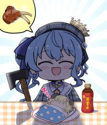 Rule 34 | 2girls, axe, beret, blanket, blonde hair, blue collar, blue hair, bottle, chibi, closed eyes, collar, crown, drooling, earrings, hair ornament, hairclip, hat, highres, hololive, horns, hoshimachi suisei, hoshimachi suisei (1st costume), jewelry, lamb chops, matarou (matarou072), multiple girls, open mouth, plaid headwear, plate, shade, sheep girl, sheep horns, side ponytail, smile, spoken object, star (symbol), star earrings, tilted headwear, translation request, tsunomaki watame, virtual youtuber, zzz