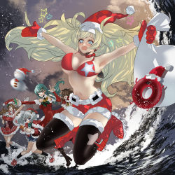 Rule 34 | 5girls, absurdres, abyssal ship, anno88888, aqua hair, bell, bikini, bikini top only, black socks, blonde hair, blue eyes, boots, breasts, brown hair, christmas, closed eyes, detached sleeves, dress, enemy lifebuoy (kancolle), fur trim, gambier bay (kancolle), hair ornament, hat, highres, holding, holding sack, huge filesize, kantai collection, kashima (kancolle), knee boots, kneehighs, kumano (kancolle), large breasts, littorio (kancolle), long hair, mittens, multiple girls, one eye closed, open clothes, open mouth, outdoors, party popper, pleated skirt, red bikini, red dress, red footwear, red mittens, red shorts, sack, santa hat, shorts, silver hair, skirt, sky, snowman, socks, star (symbol), suzuya (kancolle), swimsuit, the roma-like snowman, thighhighs, twintails, water