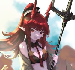 Rule 34 | 1girl, :d, arknights, bare shoulders, bikini, black bikini, blunt bangs, braid, breasts, detached collar, fang, hair ornament, hemorina, holding, holding weapon, horns, long hair, long sleeves, looking at viewer, necktie, off shoulder, official alternate costume, open clothes, open mouth, pointy ears, polearm, ponytail, red eyes, red hair, red necktie, skin fang, small breasts, smile, solo, star (symbol), star hair ornament, swimsuit, trident, twin braids, upper body, v-shaped eyebrows, vigna (arknights), vigna (casual vacation) (arknights), weapon