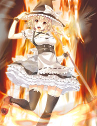 Rule 34 | 1girl, adapted costume, album cover, apron, black dress, black thighhighs, blonde hair, bow, braid, broom, brown eyes, cover, dress, earrings, garter straps, hair bow, hat, hat bow, jewelry, kirisame marisa, long hair, maki (seventh heaven maxion), open mouth, puffy sleeves, ribbon, short hair, short sleeves, single earring, smile, solo, thighhighs, touhou, waist apron, witch, witch hat, wrist cuffs, yellow eyes, zettai ryouiki