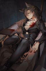 Rule 34 | 1girl, absurdres, akechi (826988799), animal ears, arknights, ascot, bed, black suit, blood, blood on chest, blood on face, blood on hands, book, braid, breasts, brown hair, chinese commentary, commentary request, empty eyes, expressionless, feet out of frame, formal, gold trim, hair ornament, highres, long hair, looking to the side, lying, medium breasts, mole above eye, on back, on bed, penance (arknights), solo, suit, white ascot, wolf ears, wolf girl, yellow eyes