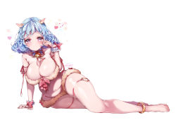 Rule 34 | 1girl, animal ears, anklet, arm ribbon, arm support, bandeau, bare shoulders, barefoot, bell, blue hair, blush, bow, breasts, cleavage, closed mouth, collarbone, commentary request, curvy, full body, hand to head, hand up, heart, heart-shaped pupils, highres, jewelry, jingle bell, kanola u, large breasts, looking at viewer, navel, neck ribbon, original, pink bow, pink eyes, pink ribbon, plump, red ribbon, ribbon, sheep ears, sheep girl, short hair, simple background, sitting, skindentation, smile, solo, striped, striped bow, symbol-shaped pupils, thigh strap, white background, wide hips, wrist bow, yokozuwari