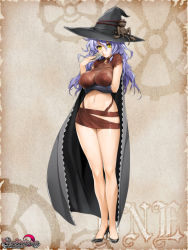 Rule 34 | 1girl, ashley hazel blackmoor, baroque night eclipse, black hat, breasts, cape, covered erect nipples, hair between eyes, hat, high heels, ishikei, large breasts, midriff, pumps, purple hair, shoes, solo, wizard, yellow eyes