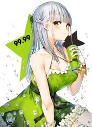 Rule 34 | 1girl, alcohol, bare shoulders, black ribbon, blunt bangs, blush, braid, breasts, can, chu-hi, cleavage, cleavage cutout, clothing cutout, collarbone, dress, frilled dress, frills, gloves, green dress, highres, holding, holding can, large breasts, long hair, looking at viewer, original, orihi chihiro, parted lips, personification, ribbon, sapporo beer, silver hair, sitting, sleeveless, solo, star (symbol), thighs, white background, white gloves, yellow eyes