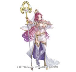 Rule 34 | 1girl, bare shoulders, braid, breasts, cleavage, curvy, earrings, fire emblem, fire emblem heroes, full body, holding, holding staff, jewelry, large breasts, loki (fire emblem), long hair, looking at viewer, maeshima shigeki, mage staff, nintendo, official alternate costume, official art, purple eyes, purple hair, smile, staff, thighhighs, thighs, veil, wide hips
