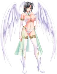 Rule 34 | 1girl, angel, artist request, black hair, breasts, cameltoe, character request, feathered wings, female focus, full body, head wings, large breasts, nipples, revealing clothes, see-through, solo, tachi-e, thighhighs, transparent background, white wings, wings, yellow eyes