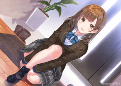 Rule 34 | 1girl, black socks, blue bow, blue bowtie, bow, bowtie, breasts, brown eyes, brown hair, brown jacket, buttons, checkered clothes, checkered skirt, collared shirt, commentary request, door, dutch angle, entrance, grey skirt, hanekoto, indoors, jacket, kneeling, long sleeves, looking at viewer, medium breasts, no shoes, open mouth, original, plant, pleated skirt, school uniform, shirt, skirt, socks, solo, twitter username, undressing, uniform, white shirt