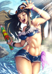 Rule 34 | 1girl, ;d, abs, bandeau, bare shoulders, beach, black hair, blurry, bracelet, brown eyes, building, cutoffs, day, denim, denim shorts, depth of field, eyelashes, fringe trim, goggles, goggles on head, happy, jewelry, kuroshio (zung-man), long hair, midriff, navel, one eye closed, open mouth, original, outdoors, palm tree, ponytail, rock, scrunchie, short shorts, shorts, sidelocks, sky, smile, solo, strapless, sunlight, super soaker, teeth, thighs, toned, tongue, tree, tube top, wading, wince, wristband