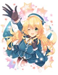 Rule 34 | 10s, 1girl, ;d, arm up, atago (kancolle), bad id, bad pixiv id, beret, black gloves, black pantyhose, black skirt, blonde hair, blue hat, blush, bow, bowtie, breasts, buttons, eyebrows, forest, frilled sleeves, frills, from above, full body, fur collar, gloves, green eyes, hand on own chest, hat, highres, kantai collection, large breasts, long sleeves, military, nature, necomi, one eye closed, open mouth, pantyhose, simple background, skirt, smile, solo, standing, star (symbol), tareme, white background, white bow, white bowtie