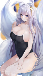 Rule 34 | 1girl, alternate costume, animal ear fluff, animal ears, azur lane, black one-piece swimsuit, blush, breasts, cleavage, closed mouth, clothes pull, commission, covered navel, flower, fluffy, fox ears, fox girl, fox tail, hair flower, hair ornament, hand on own thigh, highres, large breasts, long hair, multiple tails, one-piece swimsuit, one-piece swimsuit pull, pulled by self, purple eyes, raru (nanaharararu), school swimsuit, shinano (azur lane), sitting, skeb commission, solo, strap pull, swimsuit, tail, thighs, very long hair, wavy hair, white hair, white tail