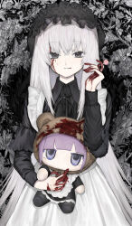 Rule 34 | 1girl, absurdres, apron, black dress, black eyes, black hairband, blood, blood on clothes, blood on face, blood on hands, candy, dress, food, gothic lolita, grey hair, hairband, highres, holding, holding candy, holding food, holding lollipop, holding stuffed toy, hood, licking lips, lolita fashion, lollipop, long hair, looking at viewer, original, smile, stuffed toy, tongue, tongue out, upper body, very long hair, yasumibi roa