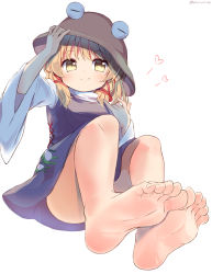 Rule 34 | 1girl, animal print, blonde hair, blush, breasts, brown headwear, closed mouth, commentary request, convenient leg, cross-laced clothes, feet, floating, foot focus, foreshortening, frog print, from below, hand on headwear, hand up, heart, highres, knees up, looking at viewer, medium hair, moriya suwako, purple skirt, purple vest, ramudia (lamyun), sidelocks, simple background, skirt, sleeves past elbows, small breasts, smile, soles, solo, toes, touhou, turtleneck, vest, white background, wide sleeves, yellow eyes