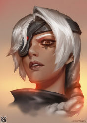 Rule 34 | 1girl, aged down, ana (overwatch), braid, brown eyes, brown lips, dark-skinned female, dark skin, eyelashes, eyepatch, facial mark, facial tattoo, headband, lips, lipstick, long hair, looking at viewer, makeup, mascara, nose, old, old woman, overwatch, overwatch 1, parted lips, portrait, signature, single braid, solo, tattoo, teeth, white hair, xiaoguimist