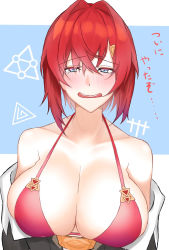 Rule 34 | 1girl, alternate breast size, ange katrina, ange katrina (1st costume), bare shoulders, bikini, bikini top only, blue eyes, blush, breasts, cleavage, hair between eyes, hair intakes, hair ornament, hairclip, highres, huge breasts, looking at viewer, nijisanji, nose blush, off shoulder, open mouth, red bikini, red hair, short hair, skysign ft, solo, swimsuit, tears, virtual youtuber