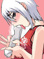 Rule 34 | 1girl, another code, another code r, ashley mizuki robbins, black eyes, cing, game console, lowres, nintendo, oekaki, open mouth, phallic symbol, saliva, sexually suggestive, solo, tank top, tongue, ui (fuugetsuin), white hair, wii