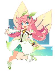 Rule 34 | 1girl, :d, absurdres, blue eyes, blush stickers, bracelet, collar, detached sleeves, dragalia lost, dress, fairy, fairy wings, flower, full body, green ribbon, green skirt, hair flower, hair ornament, hair ribbon, highres, jewelry, leg up, long hair, looking at viewer, notte (dragalia lost), open mouth, pink hair, ribbon, skirt, skirt under dress, smile, solo, tanzaku kishi, wings